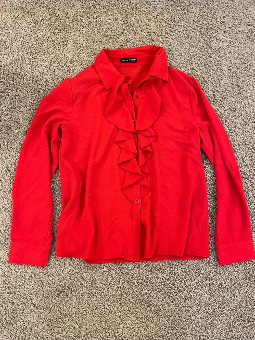 Red Ruffle Front Button-Up Blouse
